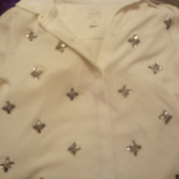 Chico's ButtonUp Blouse, Jeweled Butterflies Collar, Long Sleeve,Cuffs, Ivory, L - Picture 10 of 13